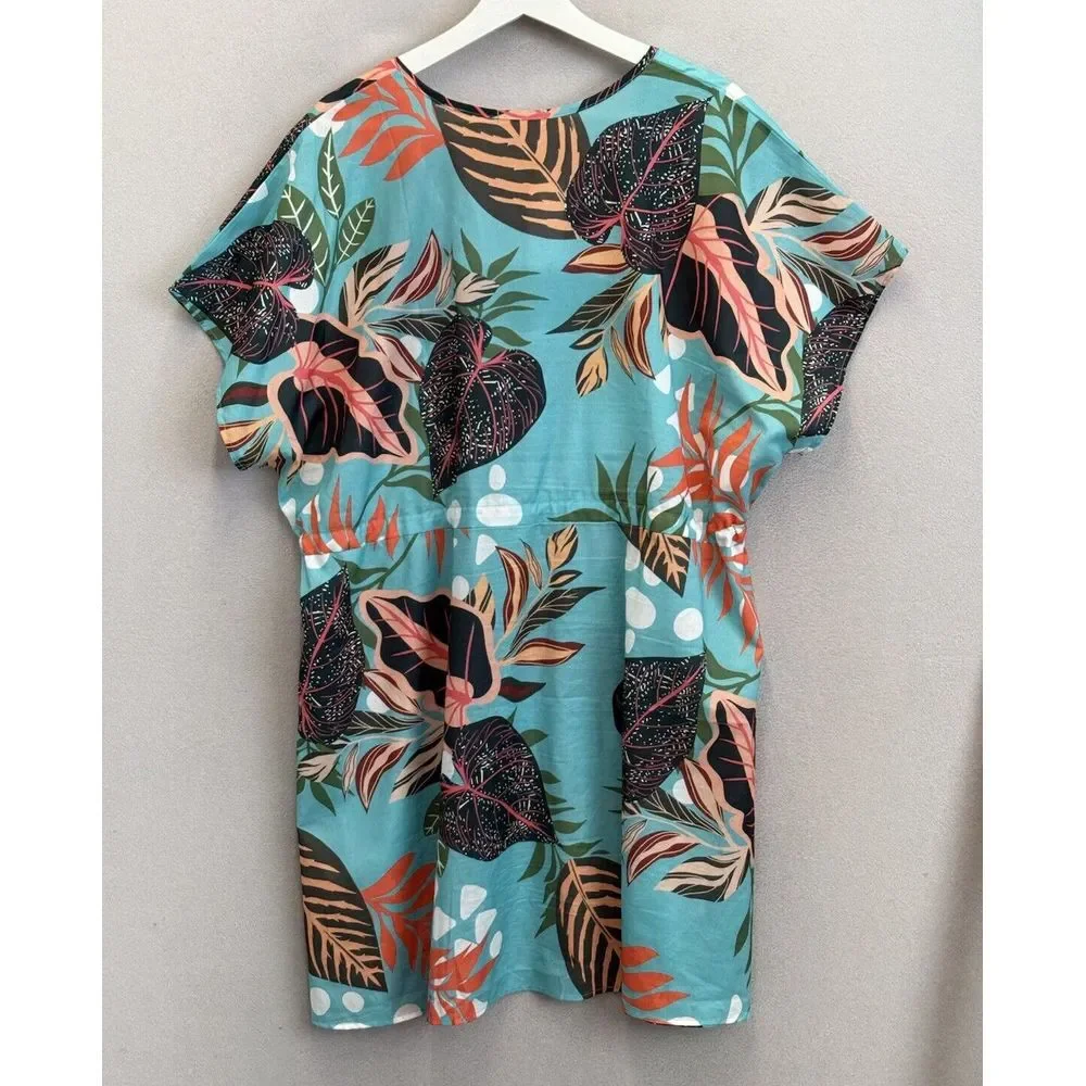 Ekouaer Women's 2XL Blue Floral Print Beach Swimsuit Cover Up V Neck‎ Tie Waist